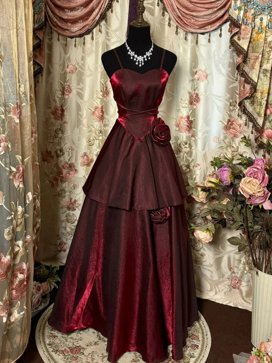 Robe de soirée style vintage à bretelles rouge vin, robe de bal rouge vin BBD08