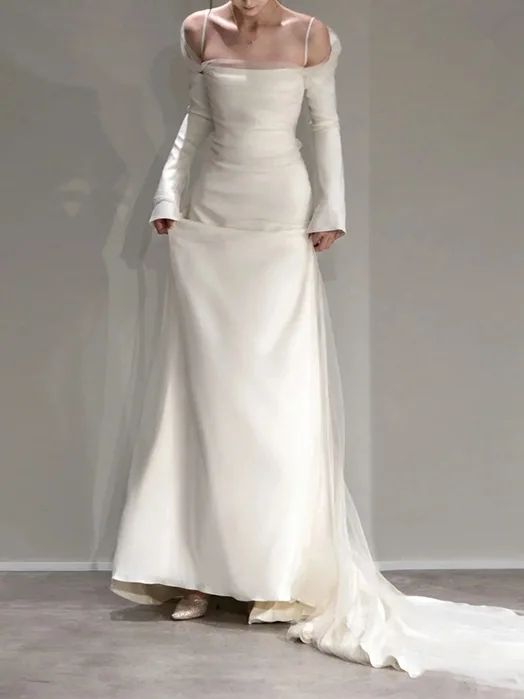 Robe de mariée sirène élégante, épaules dénudées, manches longues, en Satin, C318