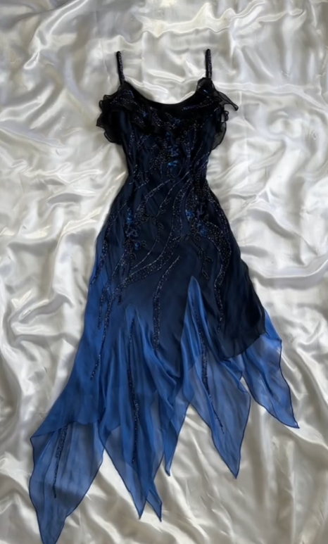 Elegant A Line Spaghetti Straps Navy Blue Chiffon Beads Long Prom Dresses Formal Dress C2743