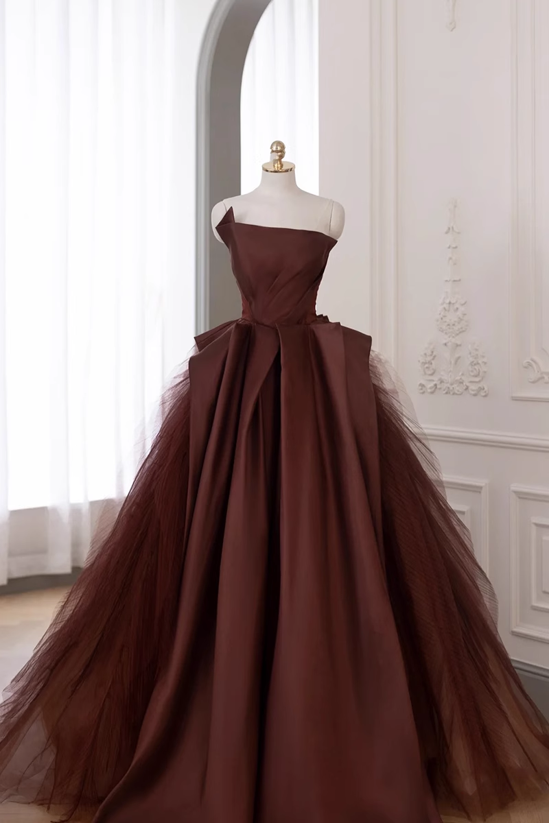 Robe de bal sans bretelles longueur au sol marron longues robes de bal B007