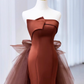 Simple Mermaid Strapless Brown Floor Length Tulle Prom Dress B013