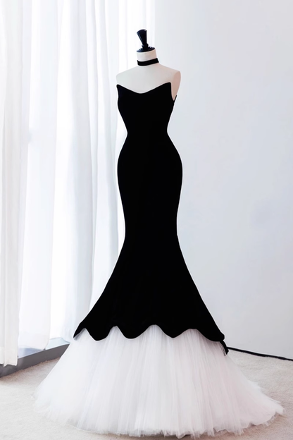 Mermaid Sleeveless Black Tulle Velvet Prom Dress B020