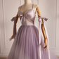 Robe de bal longue trapèze, col en V, perles en tulle, lilas, B070