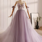 A-Line V Neck Tulle Beads Lilac Long Prom Dress B070