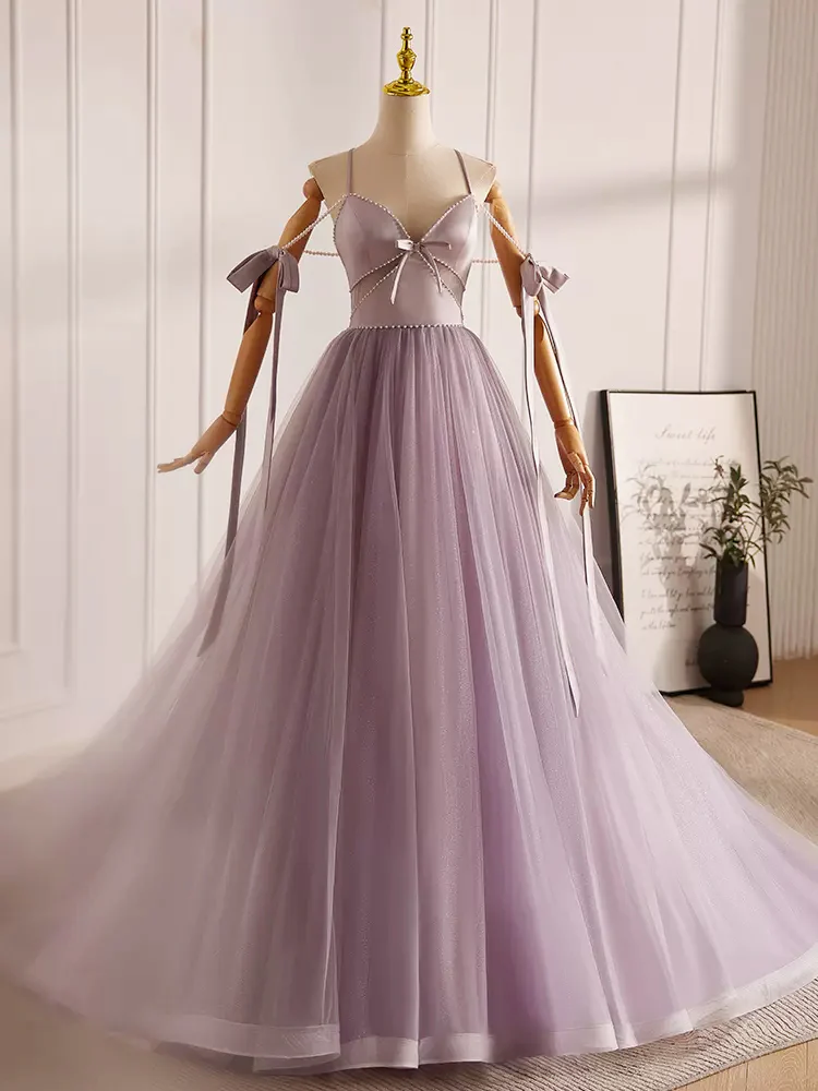 A-Line V Neck Tulle Beads Lilac Long Prom Dress B070