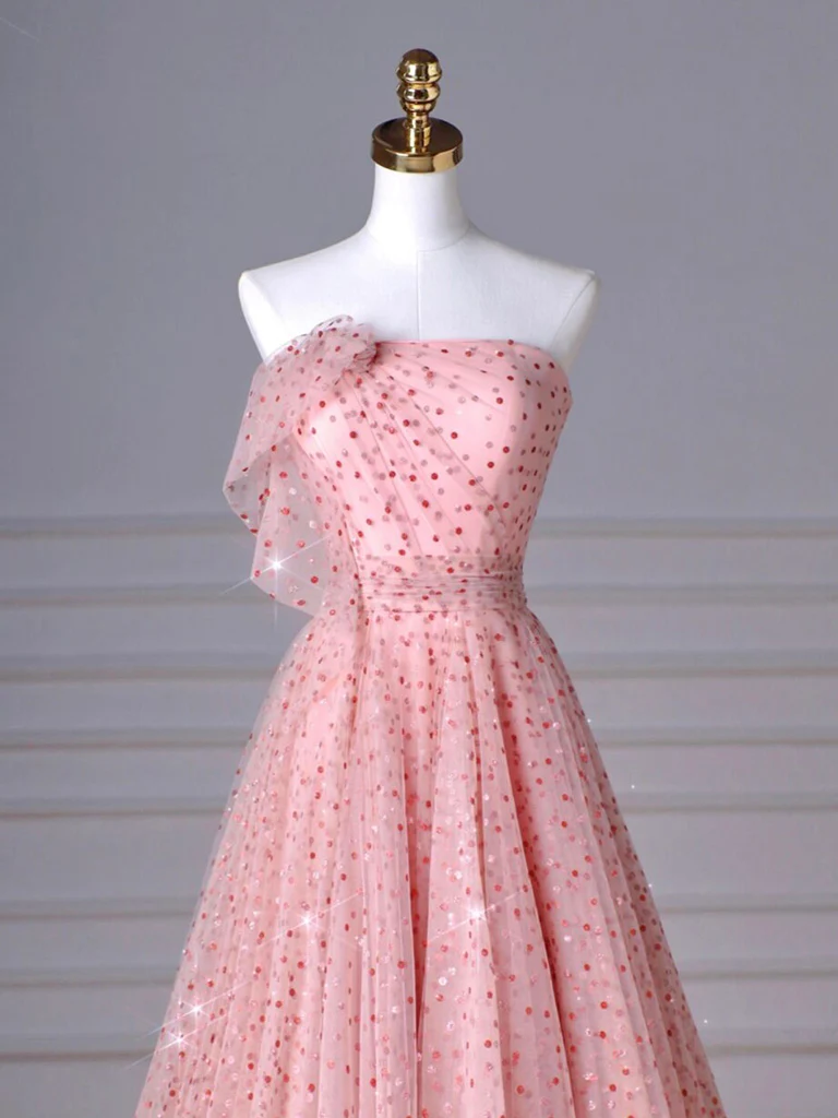 Robe de bal longue en tulle rose trapèze B077