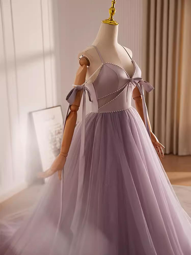 Robe de bal longue en tulle, ligne A, modeste, bretelles, lilas, B100