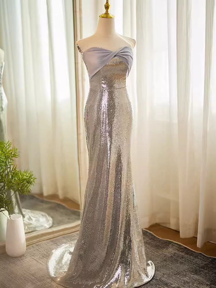 Modest Mermaid Strapless Sequin Long Silver Prom Dress B104