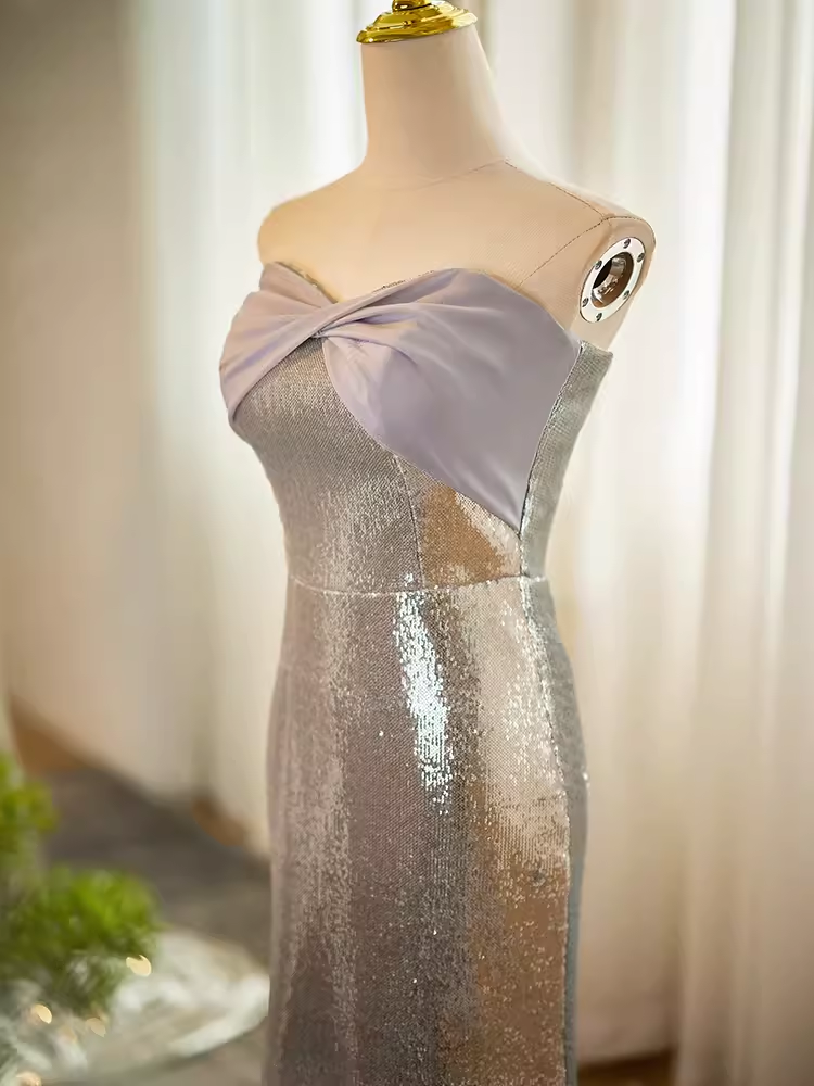 Robe de bal longue argentée, modeste, sirène, sans bretelles, à paillettes, B104