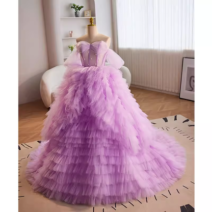 Vintage Ball Gown Strapless Lilac Tulle Ruffles Sweet 16 Dresses B110