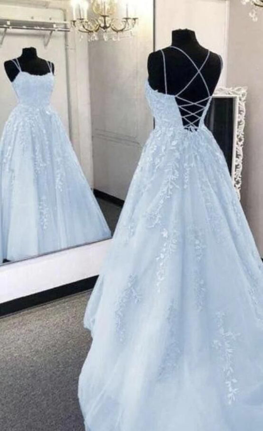 Simple A-Line Spaghetti Straps Lace Light Sky Blue Backless Long Prom Dress B230