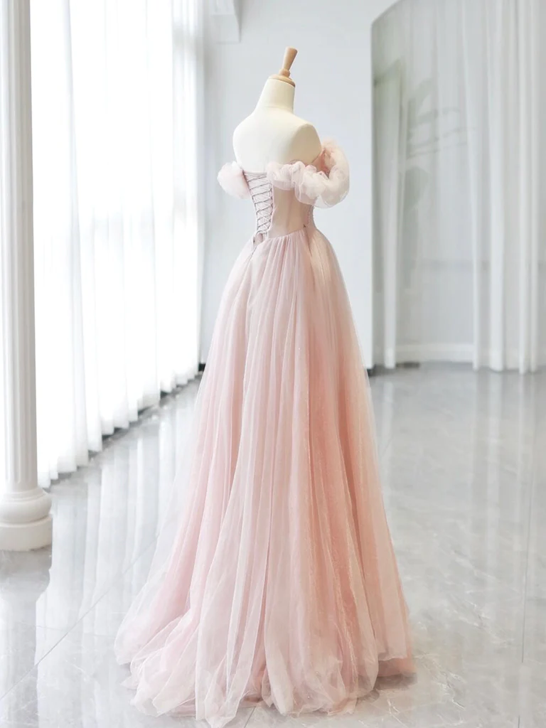 A-Line Off Shoulder Tulle Beads Pink Long Prom Dress B299