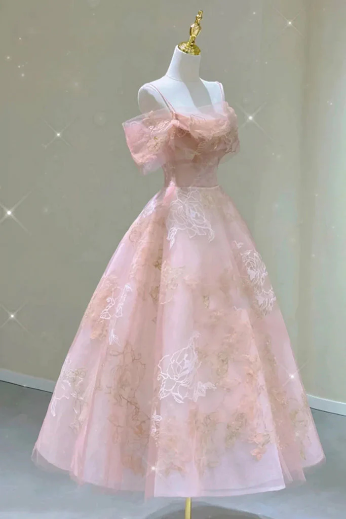 Robe de bal modeste en dentelle rose, ligne A, bretelles, longueur cheville, B379