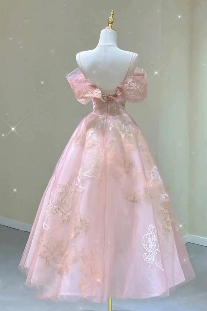 Robe de bal modeste en dentelle rose, ligne A, bretelles, longueur cheville, B379