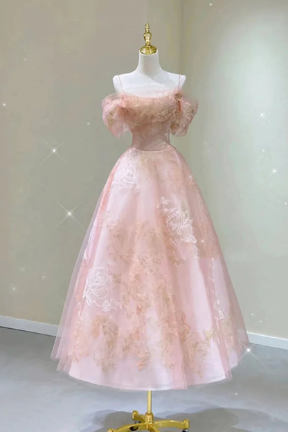 Robe de bal modeste en dentelle rose, ligne A, bretelles, longueur cheville, B379