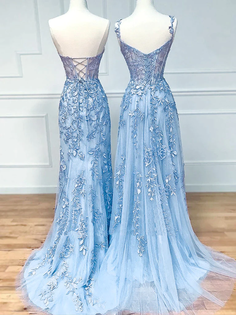 Sexy Sleeveless Light Sky Blue Lace Long Prom Dress B389