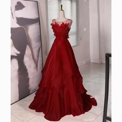 Robe de bal longue à fleurs bordeaux, ligne A, sans manches, féerique, B394