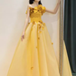 Robe de bal féerique sans manches jaune longue robe de bal florale B396