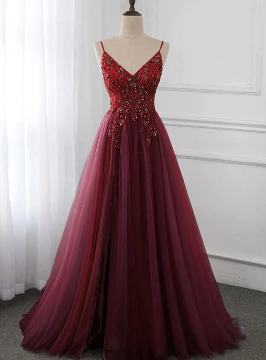 Robe de bal longue en tulle bordeaux scintillante ligne A B407