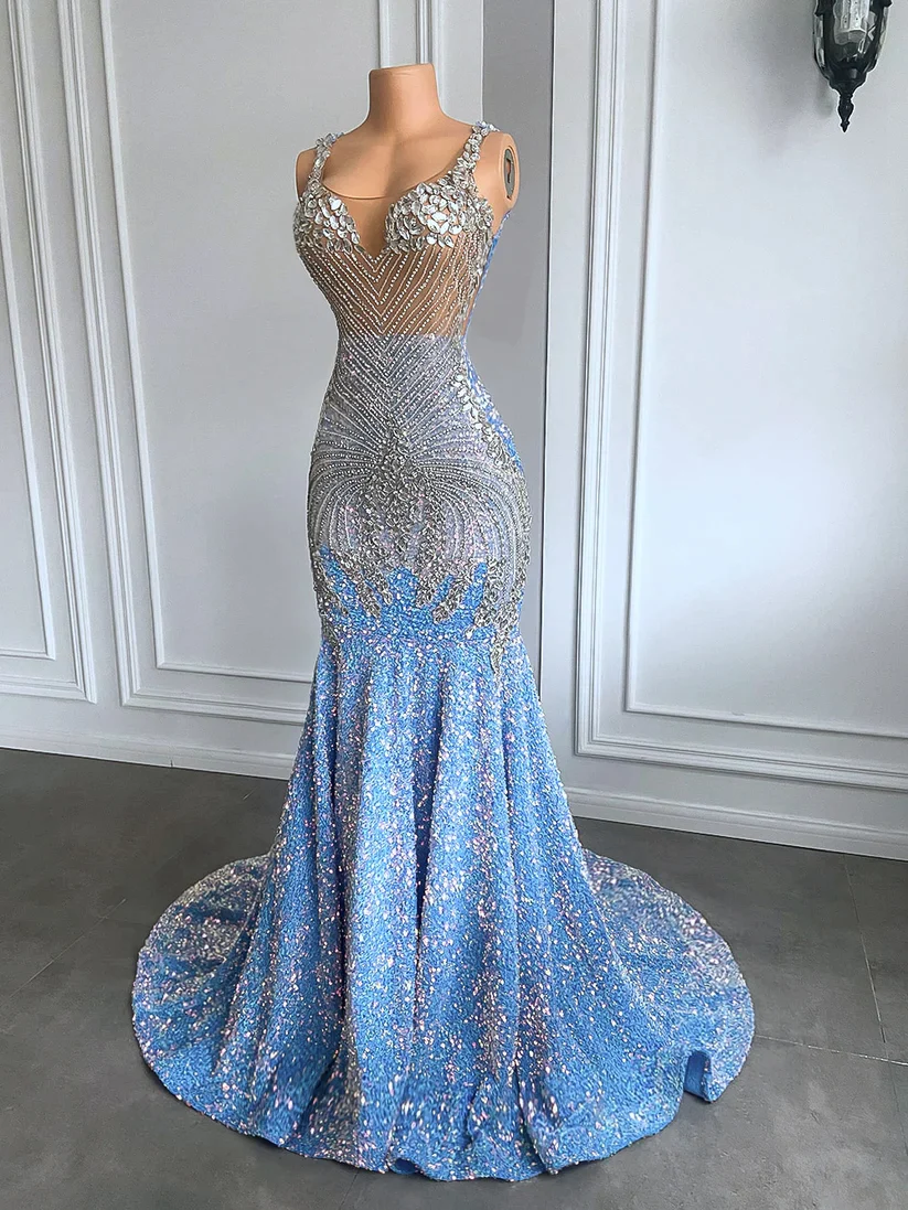 Sexy Mermaid Straps Beads Sequin Long Prom Dress B412