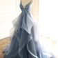 Charming Ball Gown Straps Dusty Blue Lace Long Prom Dress B535