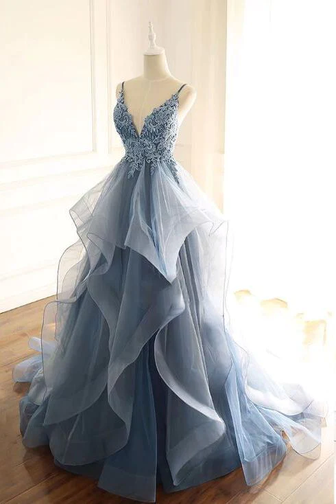 Charming Ball Gown Straps Dusty Blue Lace Long Prom Dress B535