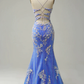 Charming Mermaid Straps Tulle Blue Lace Slit Long Prom Dress B541