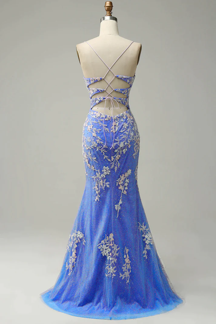 Charming Mermaid Straps Tulle Blue Lace Slit Long Prom Dress B541