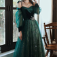 Simple A line Straps Long Sleeves Green Sequin Prom Dress B579
