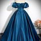 Simple A-Line Puff Sleeves Satin Peacock Blue Long Prom Dresss B619