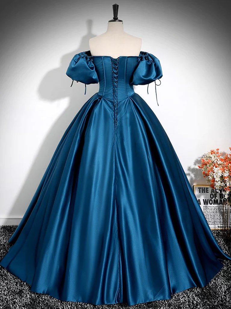 Robe de bal longue en Satin bleu paon, Simple, ligne a, manches bouffantes, B619