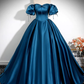 Simple A-Line Puff Sleeves Satin Peacock Blue Long Prom Dresss B619