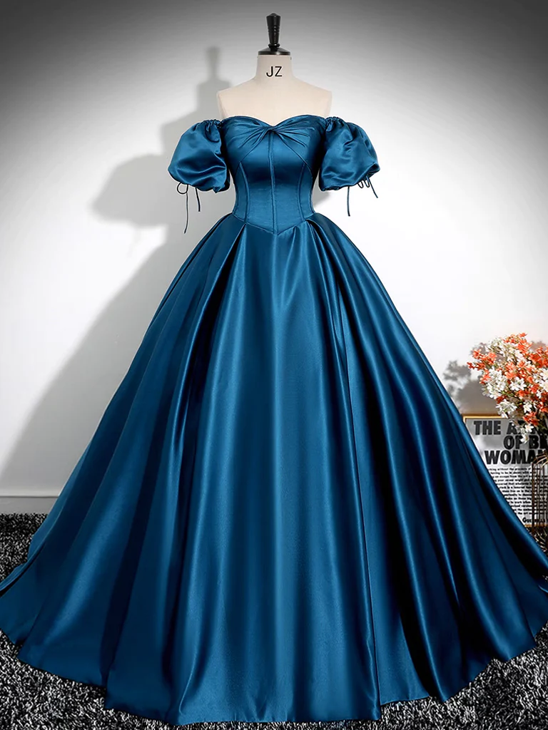 Simple A-Line Puff Sleeves Satin Peacock Blue Long Prom Dresss B619