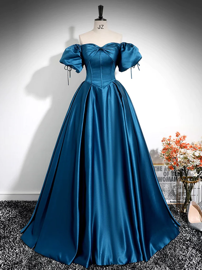 Simple A-Line Puff Sleeves Satin Peacock Blue Long Prom Dresss B619