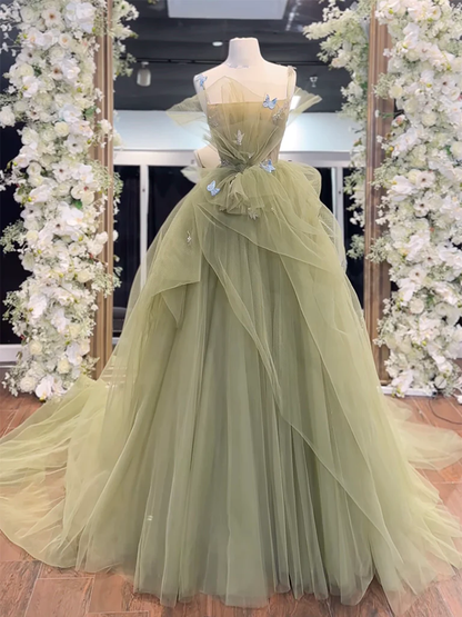 Simple A-Line Tulle Sage Green Long Prom Dress B620