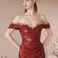 Robe de bal longue sirène bordeaux à épaules dénudées et paillettes simples B621