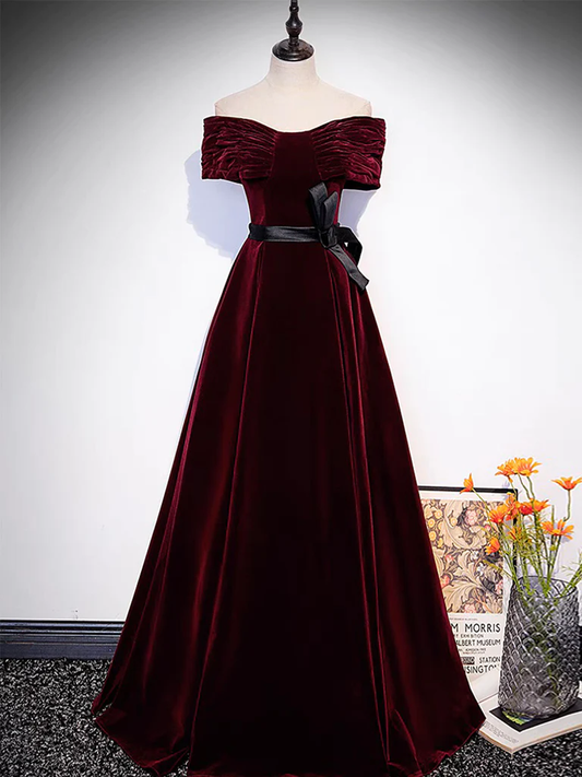 Robe de bal longue en velours bordeaux, ligne a, épaules dénudées, B622