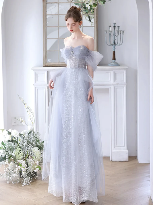 Robe de bal longue en Tulle gris à paillettes, Simple, ligne a, épaules dénudées, B623