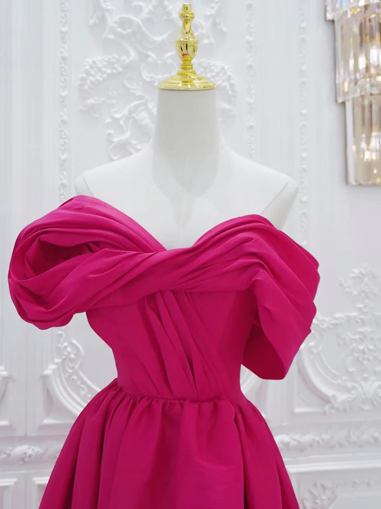 Robe de bal longue en satin rose rouge simple, ligne a, épaules dénudées, B624