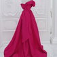 Simple A-Line Off Shoulder Satin Rose Red Long Prom Dress B624