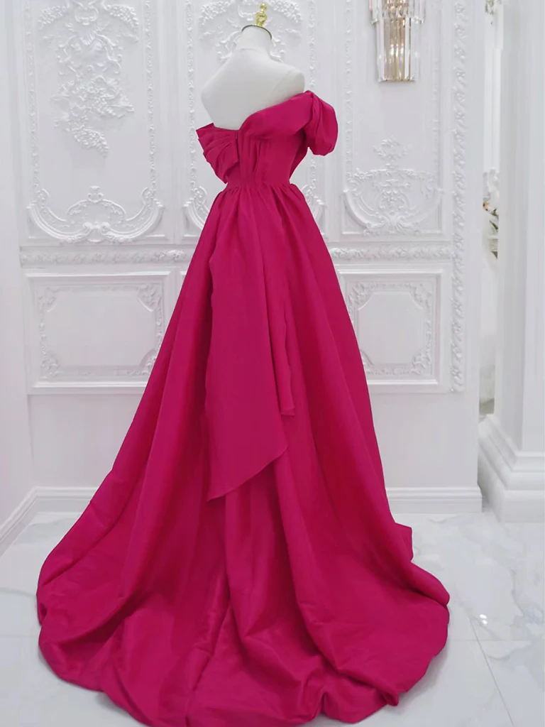 Simple A-Line Off Shoulder Satin Rose Red Long Prom Dress B624