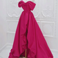 Simple A-Line Off Shoulder Satin Rose Red Long Prom Dress B624