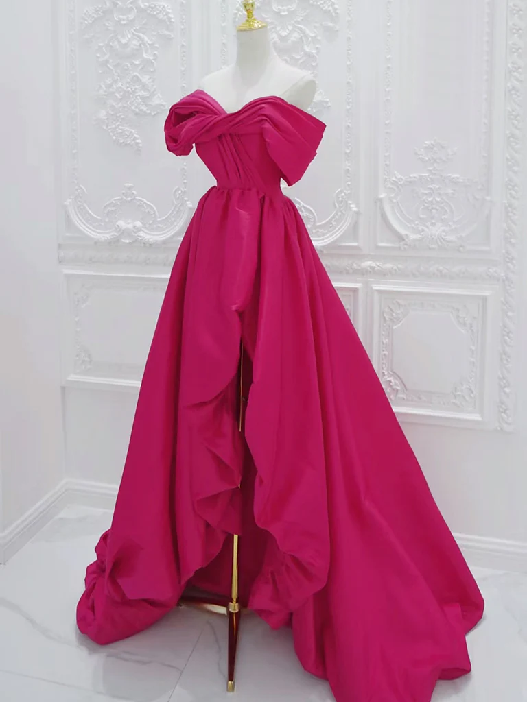 Simple A-Line Off Shoulder Satin Rose Red Long Prom Dress B624