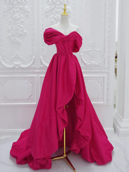 Simple A-Line Off Shoulder Satin Rose Red Long Prom Dress B624