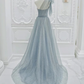 A-Line One Shoulder Tulle Sequin Gray Blue Long Prom Dress B627