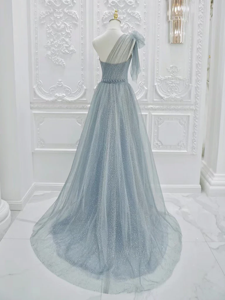 A-Line One Shoulder Tulle Sequin Gray Blue Long Prom Dress B627