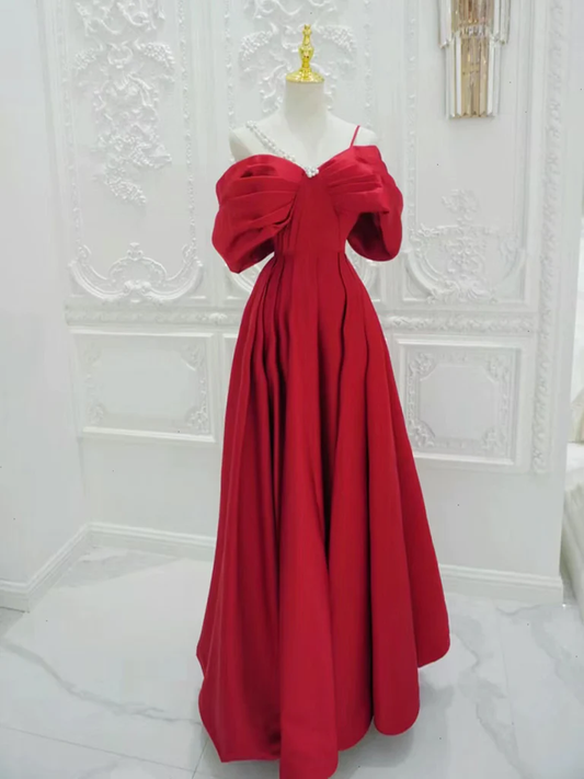 Red A-Line Off Shoulder Satin Long Prom Dress B629