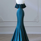 Simple Off Shoulder Satin Ink Blue Long Prom Dress B630