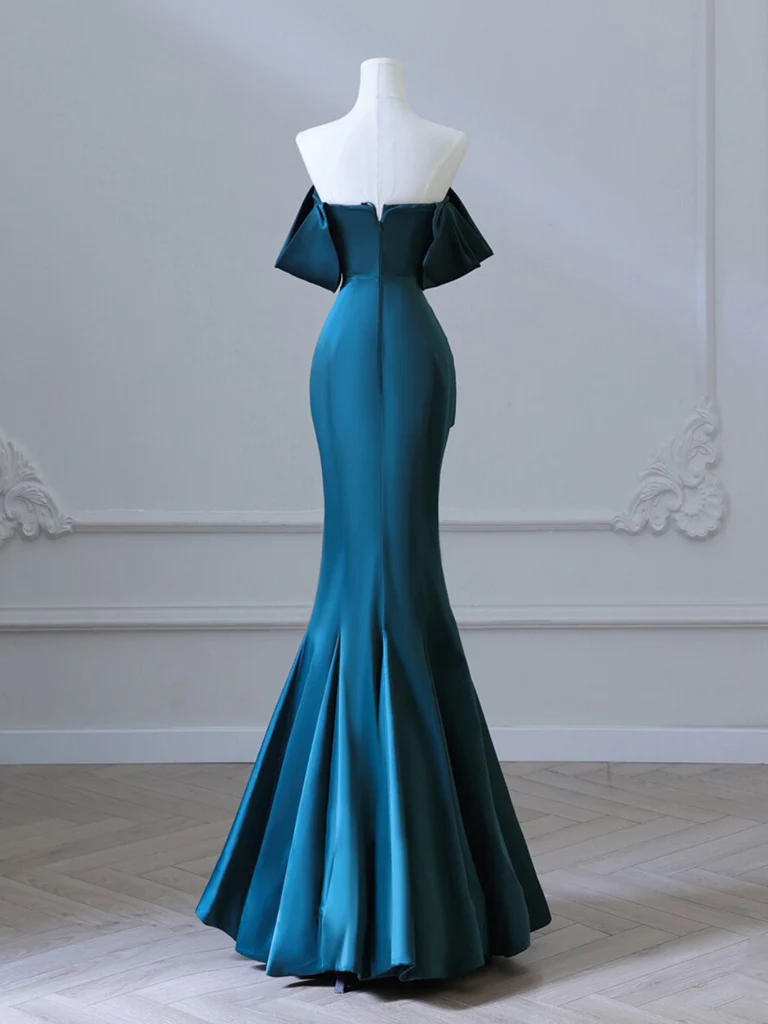 Simple Off Shoulder Satin Ink Blue Long Prom Dress B630