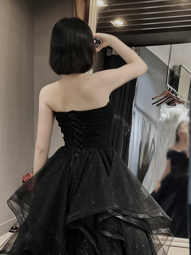 A-Line Sweetheart Neck Tulle Black Long Prom Dress B631